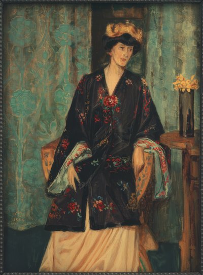 Portret van Eleonore Reichl in Japanse kleding op Lechters kunstenaars-troon door Melchior Lechter