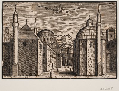3 moskeeën, elk met 1 minaret; in de lucht een vliegende draak met lange staart door Melchior Lorck