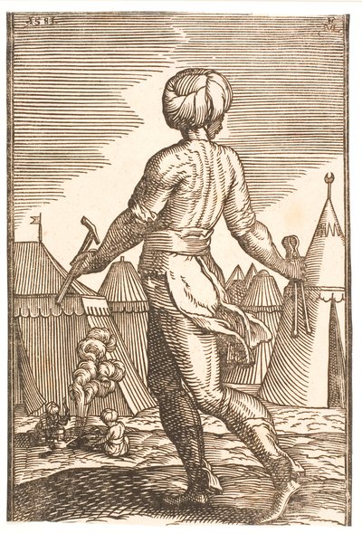 Een smid van achteren gezien in een kamp door Melchior Lorck