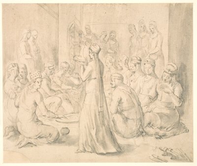 Een groep Turkse vrouwen aan het dineren door Melchior Lorck