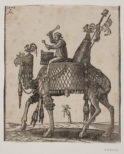 Een prachtig uitgeruste dromedaris met een timpanist als ruiter door Melchior Lorck