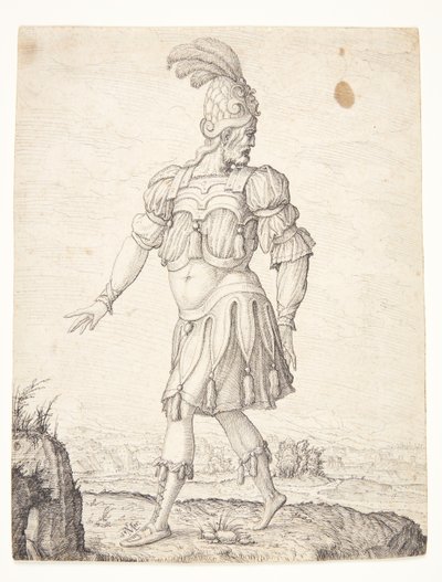 Een man in Romeinse kleding, wijzend naar een bron door Melchior Lorck