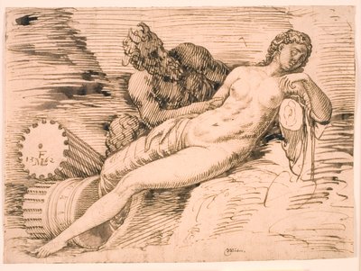 Een sater die de slapende Antiope bespiedt door Melchior Lorck