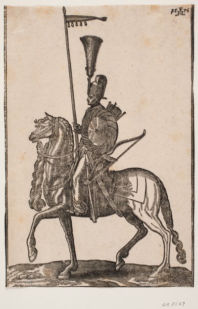 Bereden soldaat, profiel naar links; lans met wimpel, boog naast zich, rond schild, pijlenkoker; hoofddeksel met verenpluim door Melchior Lorck