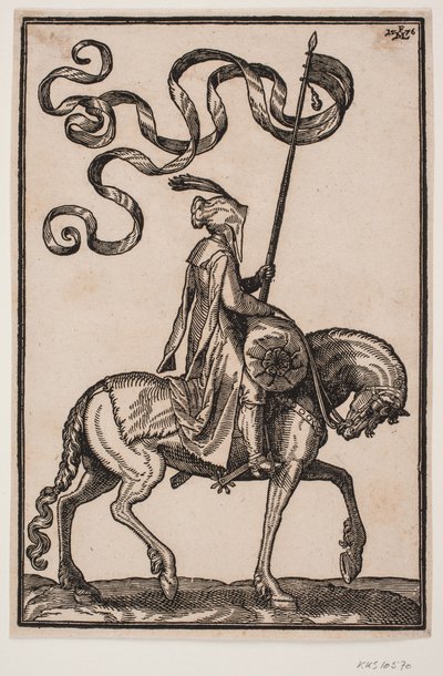 Bereden standaarddrager, profiel naar rechts; de standaard is tweevleugelig, de ruiter ongewapend, op het paard voor hem een worstvormige bagagezak door Melchior Lorck