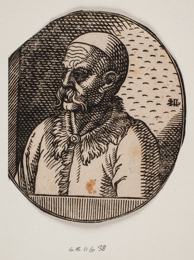 Buste van een man met baard en kalot; 3/4 profiel naar links door Melchior Lorck