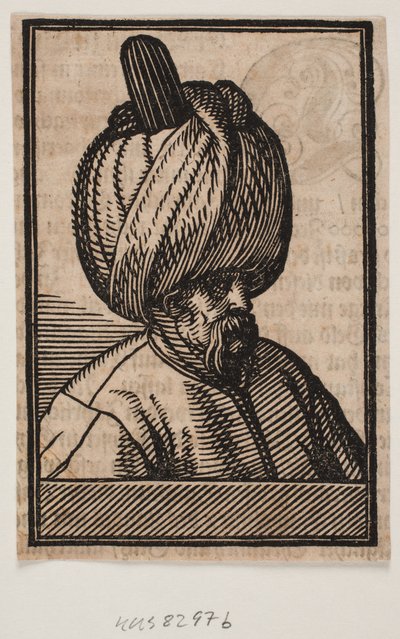 Borstbeeld van bebaarde man met tulband, 3/4 profiel naar rechts door Melchior Lorck