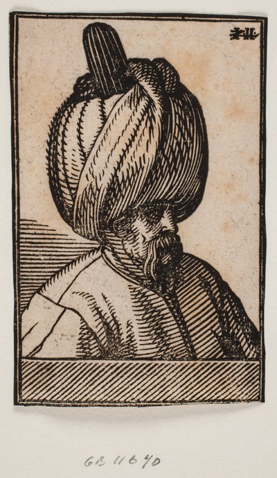 Buste van een bebaarde man met een tulband, 3/4 profiel naar rechts door Melchior Lorck