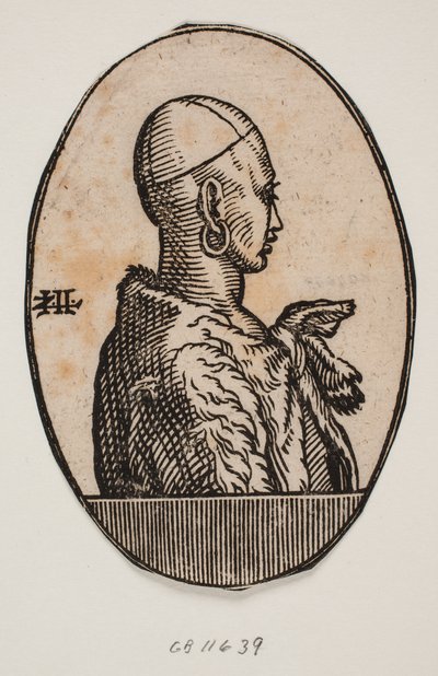 Circulair medaillon met halflang portret van een ongeschoren man met een kalot en een oorbel, met een bont over zijn schouder; profiel naar rechts door Melchior Lorck