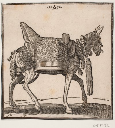 Een prachtig uitgerust muildier, profiel naar rechts door Melchior Lorck