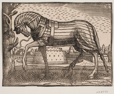 Paard, bedekt met schabrak, profiel naar links, vastgebonden aan een boom; op de achtergrond een stad met kegelvormig kasteel in een cirkelvormige gracht door Melchior Lorck