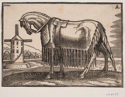 Paard, bedekt met schabrak, profiel naar links door Melchior Lorck