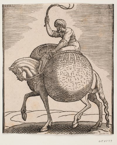 Paard met ruiter en twee bolvormige manden voor het transport van groenten door Melchior Lorck