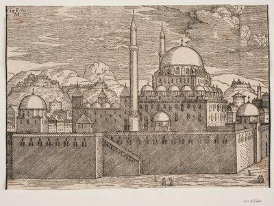 Geïdealiseerd beeld van de Bayazidiye-moskee, gezien vanuit het zuidoosten door Melchior Lorck