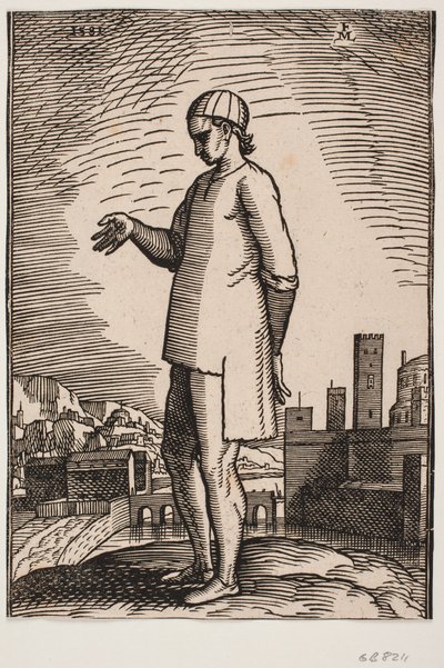 Christelijke slaaf met uitgestrekte hand, op de achtergrond twee stadsdelen verbonden door een brug door Melchior Lorck