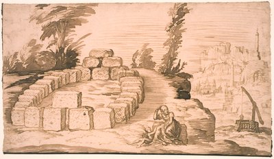 Landschap met een steencirkel en een oude vrouw met een kind door Melchior Lorck
