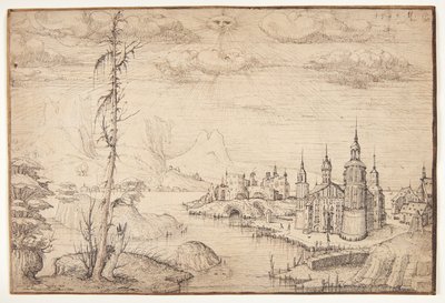 Landschap met een stad door Melchior Lorck