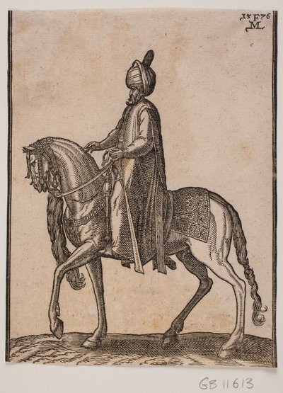 Bereden oudere man, met knuppel aan zijn zijde, profiel naar links; onder de hals van het paard hangt een paardenstaart of ossenstaart als teken van de waardige status van de man door Melchior Lorck
