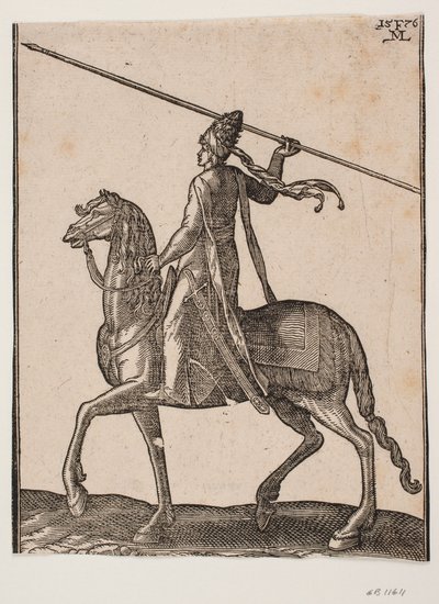 Bereden soldaat, profiel naar links; in zijn hand een lange speer geheven, alsof hij op het punt staat deze te werpen door Melchior Lorck