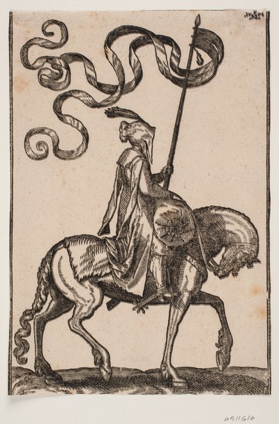 Bereden vaandeldrager, profiel naar rechts; de standaard heeft twee staarten; de ruiter is ongewapend; op de rug van het paard voor hem is een worstvormige zak voor het dragen van bagage door Melchior Lorck