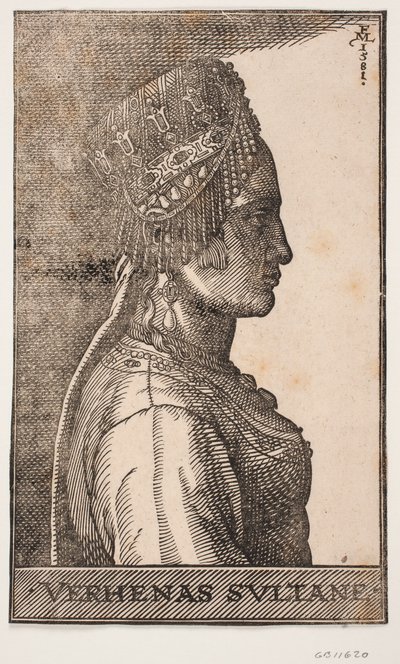 Portret van de vrouw van een sultan, profiel naar rechts door Melchior Lorck