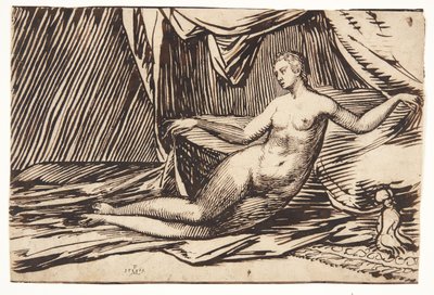 Liggende naakte vrouw onder een tentachtige draperie door Melchior Lorck
