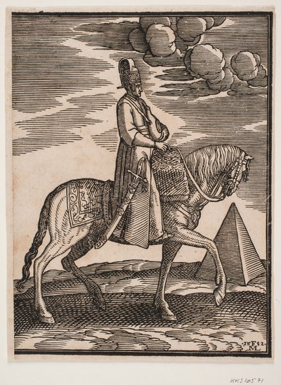 Ruiter met een fles om zijn nek, profiel naar rechts; een zwaard aan zijn rechterzijde en bagage voor hem, gedrapeerd over het zadel; rechts, op de achtergrond, een piramide door Melchior Lorck