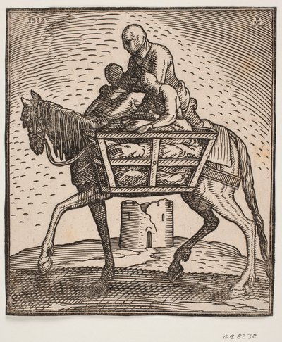 Ruiter met kap over het gezicht; aan elke kant van het paard een traliekooi met daarin een mens; profiel naar links; onder het paard een verwoeste, cilindrische toren door Melchior Lorck