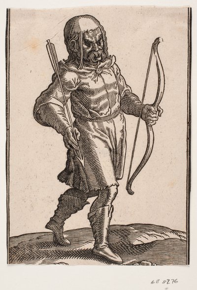 Soldaat, lopend naar rechts; laarzen en knielange kleding; in de linkerhand een boog, in de rechterhand een pijl door Melchior Lorck
