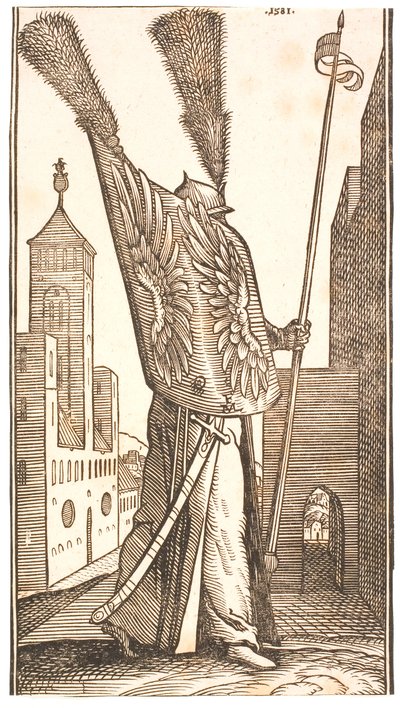 Staande soldaat met een schild versierd met adelaarsvleugels en een helm met een enorme pluim door Melchior Lorck