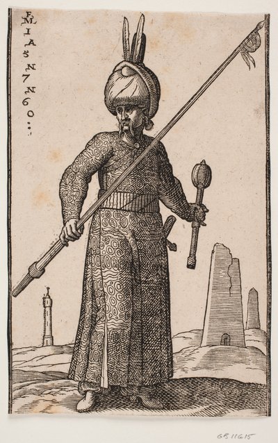 Staande soldaat, gezien van voren; in zijn rechterhand een lans met een wimpel aan de punt; in zijn linkerhand een knuppel; op zijn hoofd een tulband met twee veren; in het landschap een "vuurtoren" en een paar obeliskachtige gebouwen door Melchior Lorck