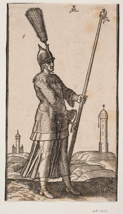 Staande soldaat; naar rechts gedraaid; op zijn hoofd draagt hij een helm met een grote pluim; in zijn linkerhand houdt hij een lans met een vaandel aan de punt; zijn rechterhand rust op het gevest van een zwaard, dat hij aan zijn linkerzijde draagt door Melchior Lorck