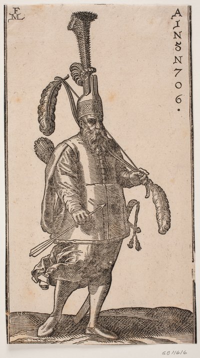 Staande soldaat, naar rechts gedraaid; hoofdtooi met zeer hoge rechtopstaande pluim; in de linkerhand een boog met grote veren aan beide uiteinden; in de rechterhand een pijl; op zijn rug een koker en aan zijn zijde een zwaard door Melchior Lorck