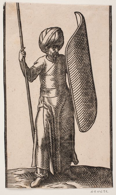 Staande soldaat met tulband, van voren gezien; in zijn rechterhand een speer; op zijn linkerarm een gebogen schild door Melchior Lorck