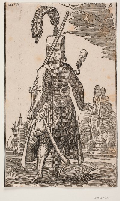 Staande janitsaar van achteren gezien, met gevederde hoofdtooi, geweer op de linkerschouder door Melchior Lorck
