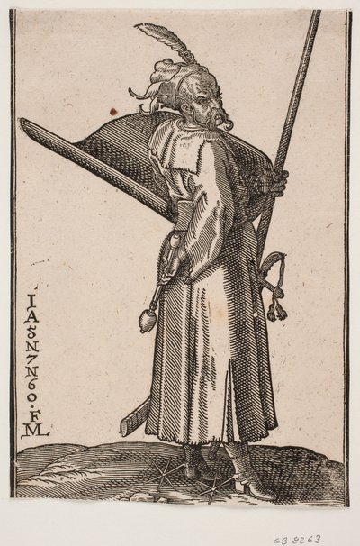 Staande soldaat (akinci), profiel naar rechts; in de rechterhand een strijdknots, in de linkerhand een lans waarvan de top buiten de bovenste kaderlijn is; op de linkerarm een schild met de binnenkant naar boven, aan de linkerzijde een zwaard door Melchior Lorck
