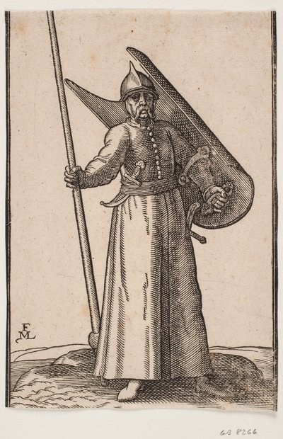 Staande soldaat met helm op het hoofd; in de rechterhand een lans, waarvan de top buiten de bovenste kaderlijn is; op de linkerarm een gebogen schild, gezien van binnen; in de riem onder de rechterarm een gebogen dolk, aan de linkerzijde een zwaard door Melchior Lorck