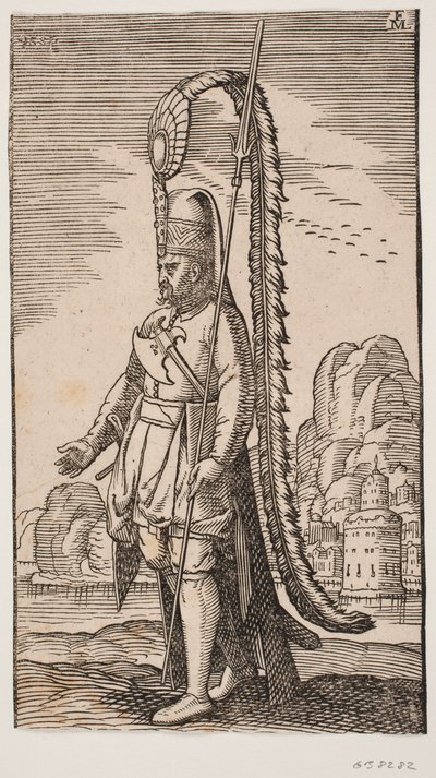 Staande soldaat bij een rotskust, aan de overkant van het water een stad; zijn hoofddeksel is versierd met een extreem lange veer door Melchior Lorck