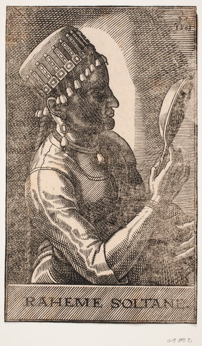 Portret van een sultane, spiegelend, profiel naar rechts: RAHEME SOLTANE door Melchior Lorck