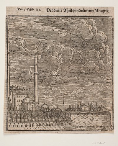 De Süleymaniye-moskee, gezien vanuit het noordoosten. Rechterhelft door Melchior Lorck