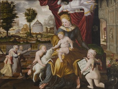 De Maagd Maria en Kind, het Kind St. Johannes en twee engelen door Melchior Lorck