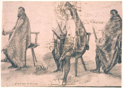 Drie zittende mannen, elk met een kaars in de hand door Melchior Lorck