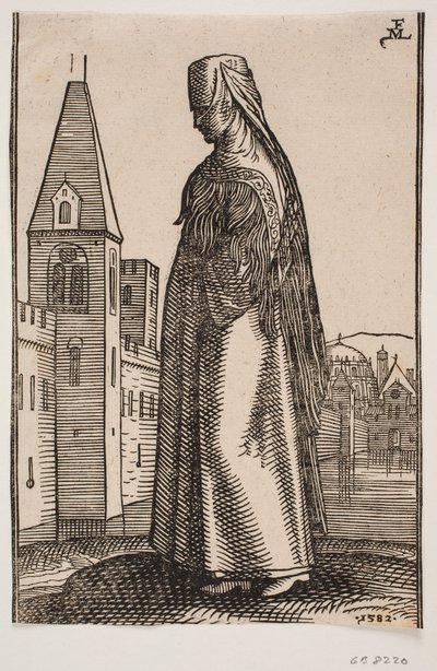 Gesluierde, Wandelende Vrouw, Profiel naar Links; Voor Haar Verrijst een Stadsmuur met Torens uit het Water door Melchior Lorck