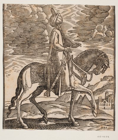 Ruiter met tulband, met een zwaard aan zijn rechterzijde, profiel naar rechts; tussen de voorbenen van het paard komen twee piramides in zicht door Melchior Lorck