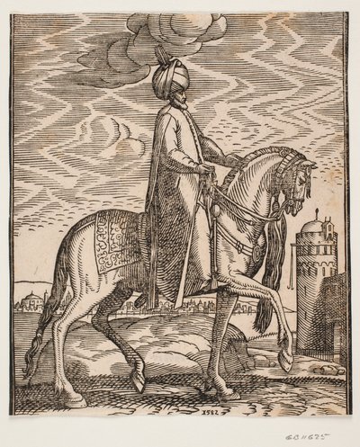 Ruiter met tulband, met knuppel aan de rechterkant van het paard; profiel naar rechts; aan de rechterkant van het beeld een muur met een poort en een ronde toren door Melchior Lorck