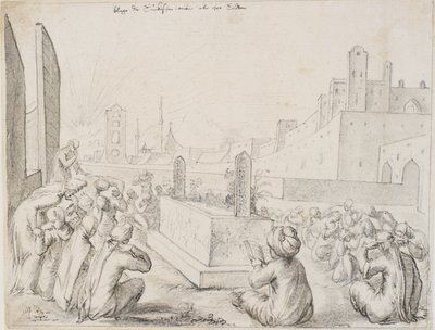 Turkse vrouwen rouwen rond een grafsteen door Melchior Lorck