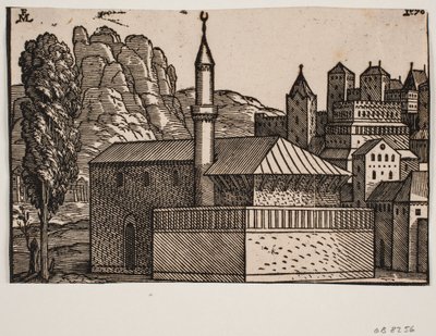 Ongeïdentificeerde moskee met 1 minaret, links hooge boom door Melchior Lorck