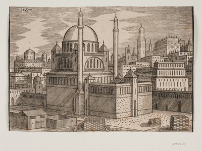 Ongeïdentificeerde moskee met 2 minaretten, gezien vanuit het noordoosten; op de voorgrond bouwplaats met gestapelde bouwstenen door Melchior Lorck