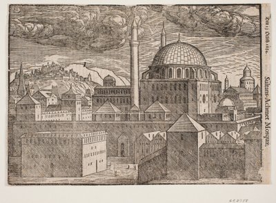 Ongeïdentificeerde moskee met 2 minaretten, gezien vanuit het zuidoosten; links een berg met versterkte stad door Melchior Lorck