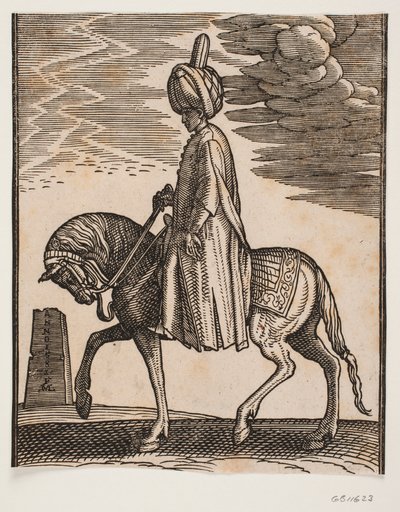 Ongewapende ruiter met tulband, profiel naar links; voor het paard een obelisk in ruïnes door Melchior Lorck